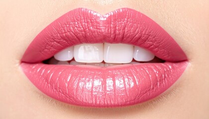 Fototapeta premium Close-up of female lips with vibrant pink lipstick showcasing glossy texture and perfect white teeth. Focus is on the lips highlighting the cosmetic application and aesthetic beauty.
