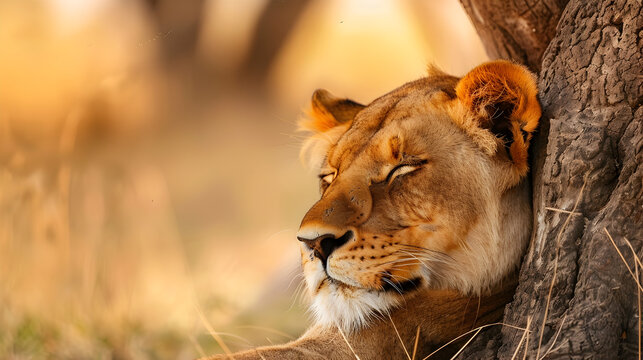 A lioness rests against a tree trunk in the warm light of the african savanna at golden hour time - Powered by Adobe