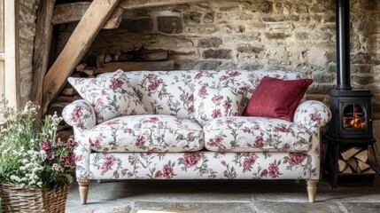 Rustic floral sofa in a stone cottage living space.