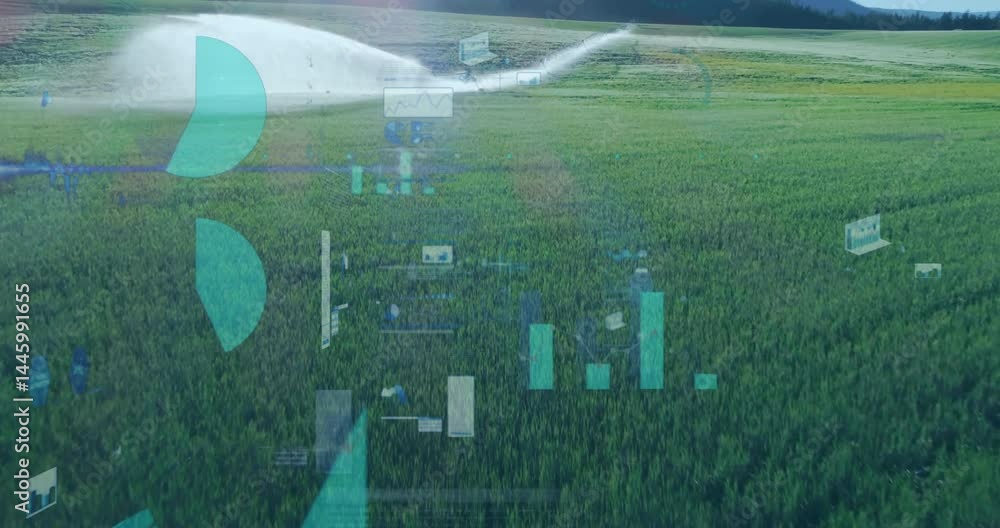 Poster flat 3d render showing sprinkler system spraying water, digital data charts animating above crops