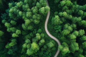Aerial View of Winding Road Through Lush Green Forest Nature's Serene Pathway