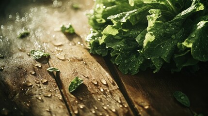 Obraz premium Fresh, vibrant lettuce on a rustic wooden surface, glistening with water droplets