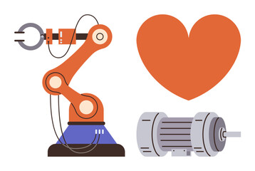 Robotic arm, mechanical motor, and heart symbolizing innovation, automation, and human-centered technology. Ideal for robotics, engineering, AI, automation technology ethics industrial design