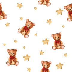 Watercolor seamless pattern of cute teddy bear with yellow stars. Wallpaper baby background. Nursery graphics for wallpapers and prints.