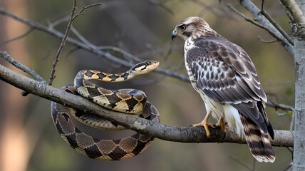 A snake and hawk perched on a tree branch, locked in a tense standoff. The hawk has sharp eyes, while the snake has beautiful patterns on its scales.