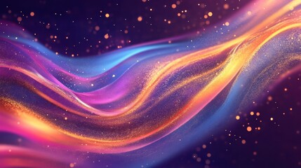 Abstract colorful glowing wave with glitter particles on dark background.