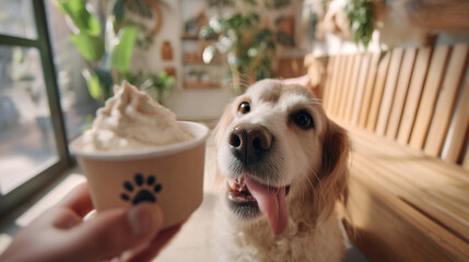 Pup cup or puppuccino. Golden Retriever Excitedly Awaits and eats whipped cream Treat in a Cozy, Sunlit Cafe Setting. Image made using Generative AI.