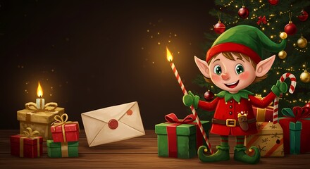 Christmas elf gifts tree holiday season festive celebration cheerful xmas presents merry christmas card