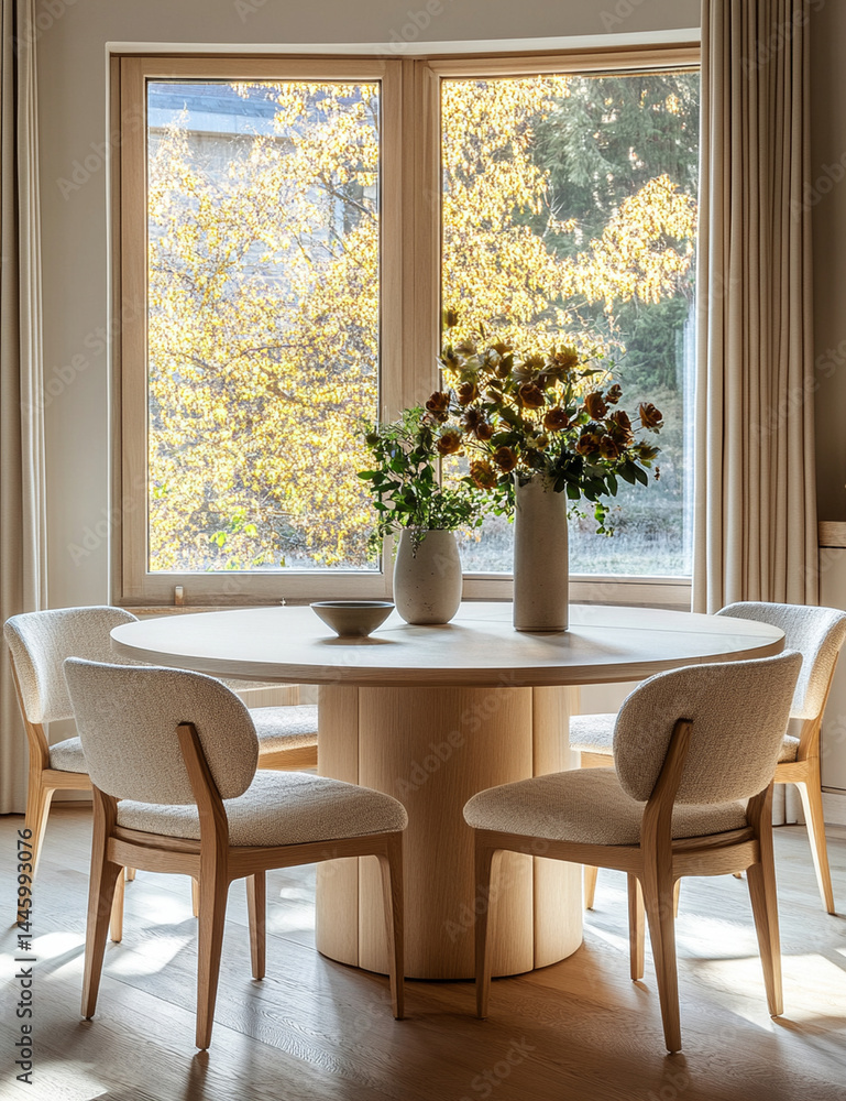 Poster retro round dining table with four chairs, surrounded by large windows autumn foliage. vase with flo