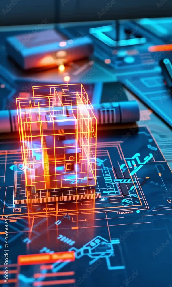 Poster insightful digital blueprint showcasing futuristic architectural design elements in a creative works