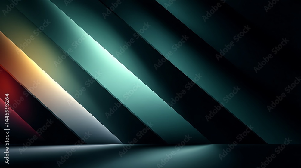 Poster abstract diagonal lines in teal, white, gold, red with dark background pattern