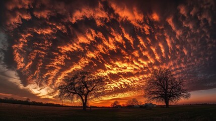 Fiery sunset clouds over a rural landscape