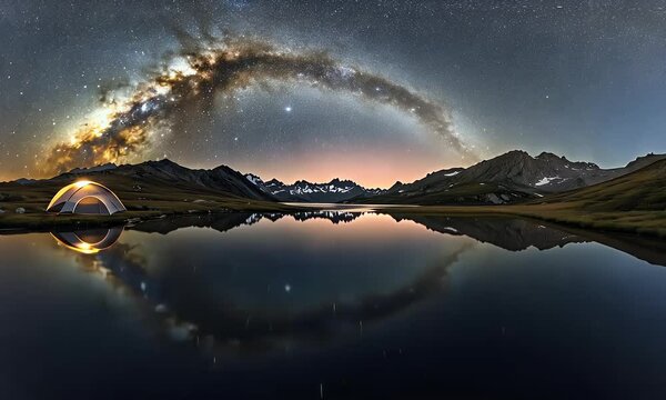 Timelapse of the Milky Way above a mountain lake and tent captures a peaceful night of stargazing and cosmic wilderness adventure.