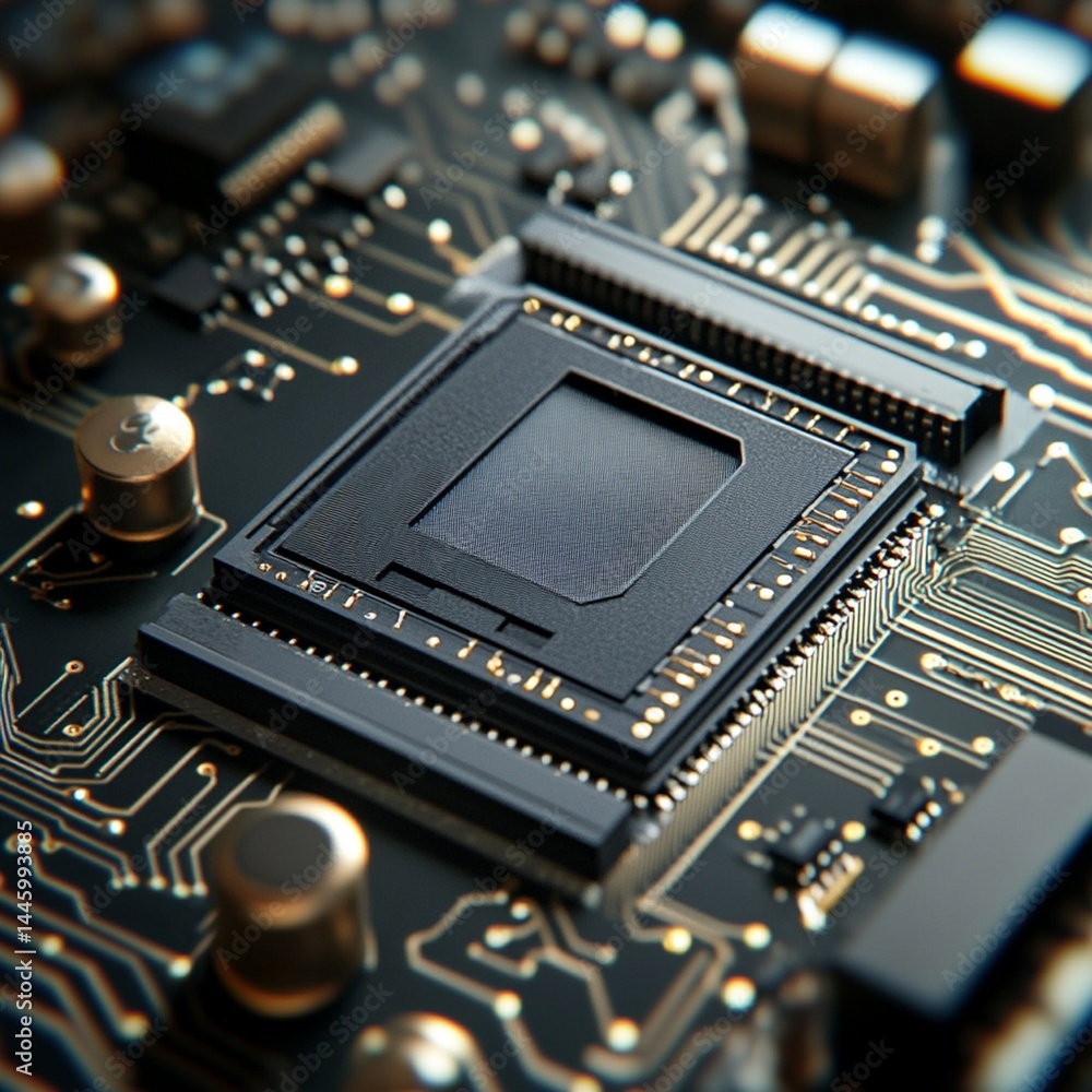 Poster high tech microchip circuit board technology closeup detailed image 3d data dark wire power black