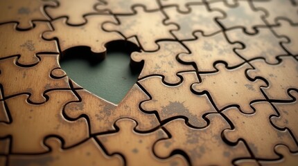 A partially assembled puzzle with worn, wooden pieces and a soft, golden glow emanating from the edges, rests on a creamy, aged paper background, with the missing piece, a delicate, crimson heart