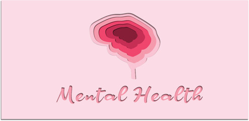 different pink shades of human brain with mental health text calligraphy paper cut style illustration, Brain Design symbol sign Art, Health Awareness Mind Wellness,Wellness Graphic, Brain Design Poste