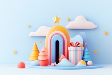 Fototapeta premium Festive Winter Scene with Rainbow and Gift