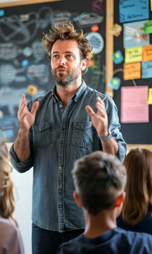 Engaging teacher leads a lively discussion in a classroom setting with attentive students