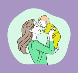 A happy mother lovingly lifts her baby in this modern flat-style vector. A beautiful scene of motherhood, affection, and family bonding perfect for parenting and childcare themes.