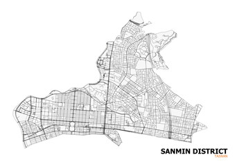 Fototapeta premium Vector map of Sanmin, Taiwan, highlighting highways and road networks. Clean and modern design, ideal for urban planning, infrastructure analysis, or educational purposes.