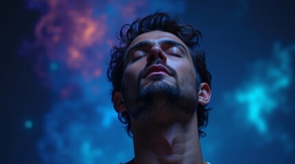 High-resolution stock photo of a serene male figure in his mid-30s with an introspective expression, eyes closed, and a subtle upwards tilt to his head, conveying a state of deep contemplation