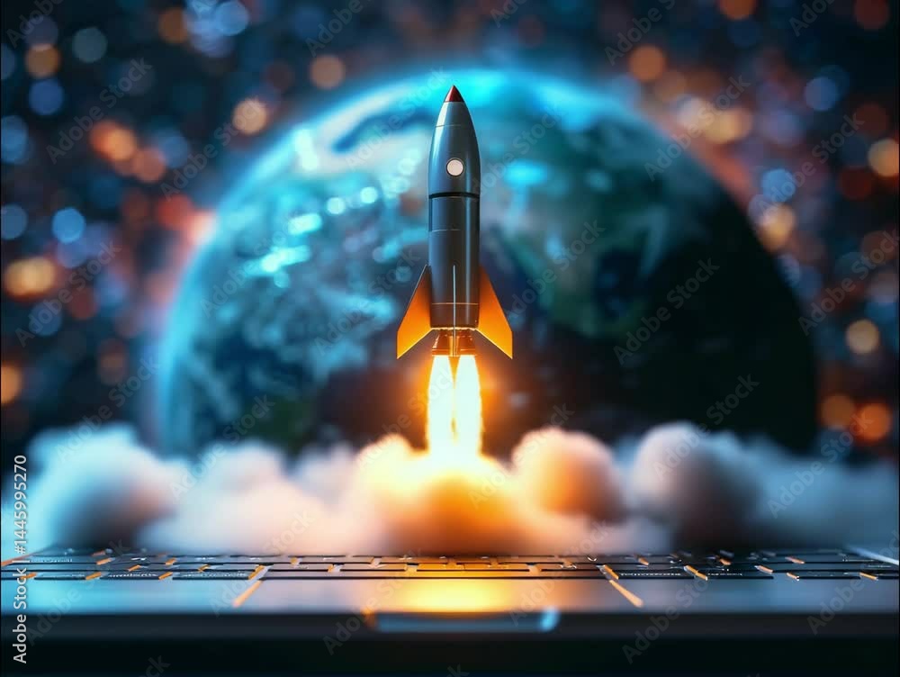 Poster rocket launch simulation on laptop with earth in background and vibrant colors creating an awe-inspi