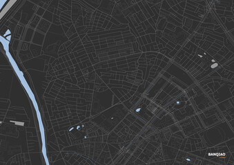 Dark-themed vector map of Banqiao District, New Taipei, Taiwan, with white roads on black background. Stylish street layout ideal for modern design, maps, and infographics.