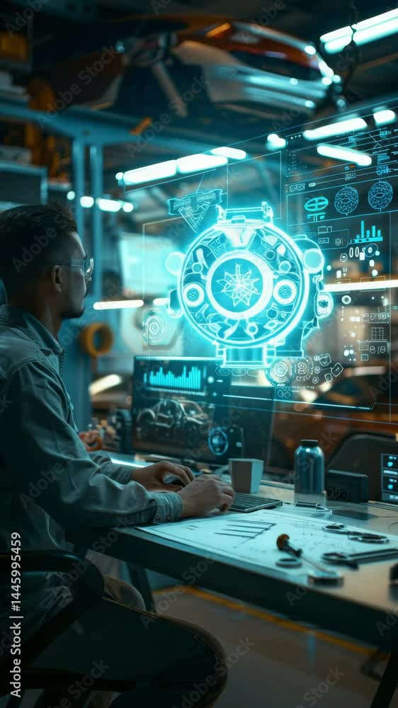 Poster exploring advanced technology at an innovative workspace with digital holographs and engineering des