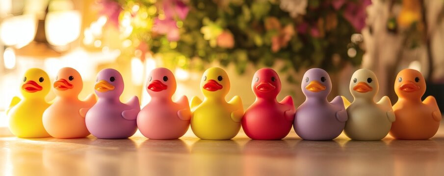 A colorful row of rubber duck toys in a line