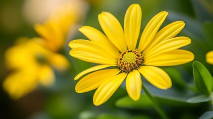 Obraz premium Close-up of a vibrant yellow Osteospermum flower with blurred background.