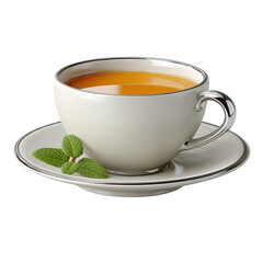 Warm Tea in Off White Cup and Saucer with Mint Sprig