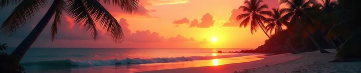 Fototapeta premium Sunset over calm beach with palm trees, serene tropical scene, outdoors, palm trees, landscape