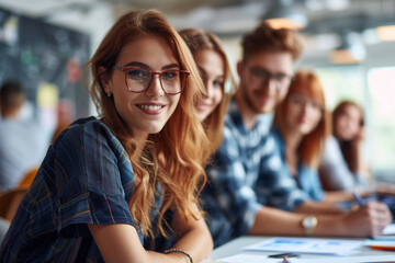Naklejka premium ONE group of talented and attractive young professionals passionately collaborating on one project in one well equipped office space, captured in one captivating close up photograph that embodies esse