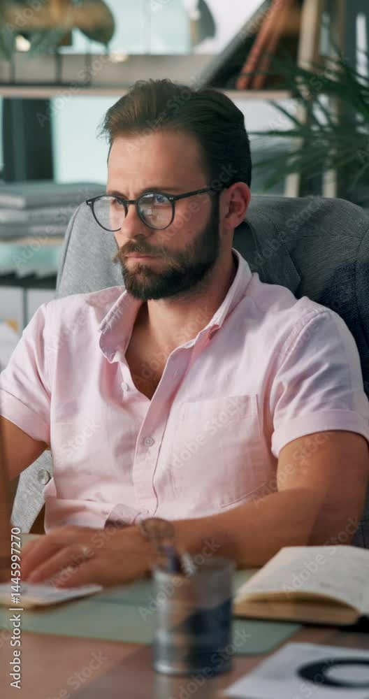 Poster serious, employee and man with glasses, computer and financial analyst with info for project and onl