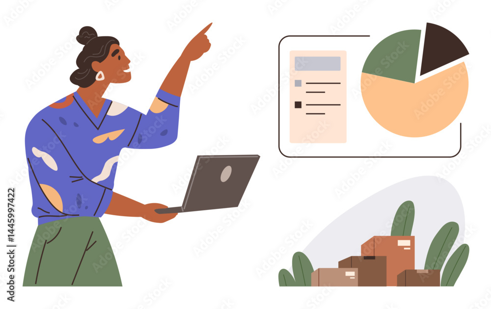 Poster woman holding laptop while pointing at pie chart and checklist. boxes with greenery at side. ideal f