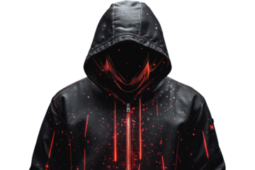 Mysterious hooded figure with red digital streaks dark clothing intense style White background