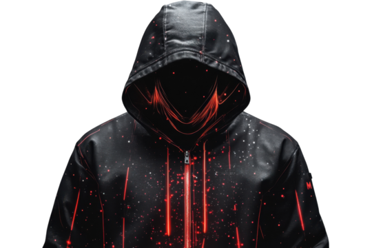Mysterious hooded figure with red digital streaks dark clothing intense style White background