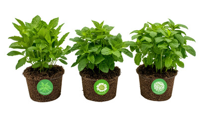 Obraz premium Three Potted Mint Plants with Green Leaves on Transparent Background