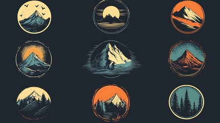 Vintage mountain scenery badge collection featuring forest silhouettes sunset river peaks outdoor adventure theme image