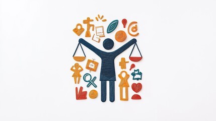 An illustration symbolizing justice, equality, and social balance through diverse icons and a central figure.