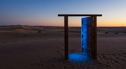 Open Doorway in Desert at Dusk with Blue Light