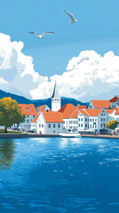 Obraz premium Illustration, view on stavanger old city centre in Norway, touristic advertisement poster, travel poster. Beautiful must-see touristic spot in northern Europe. Beautiful scandinavian destination.