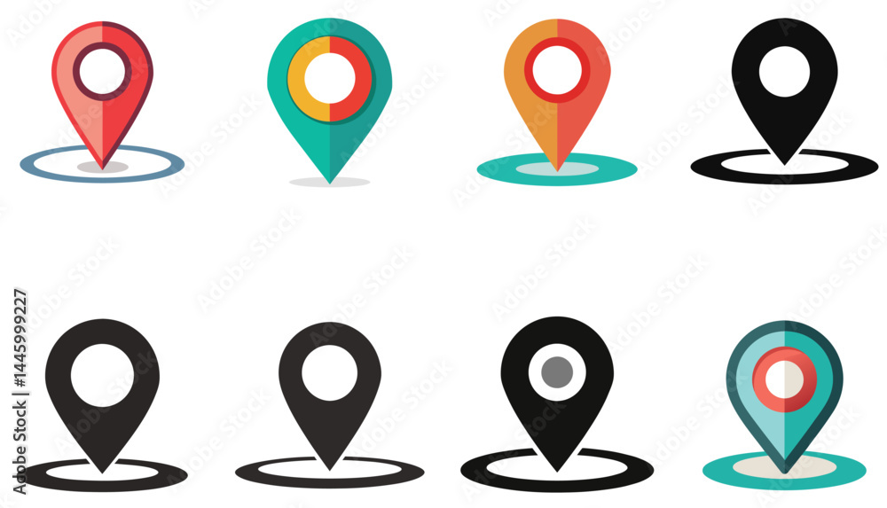 Poster collection of colorful and simple location pin icons perfect for maps and navigation designs