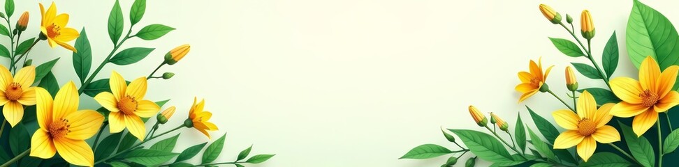 Obraz premium Summer botanical poster with green leaves and yellow flowers, yellow, bright