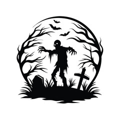Spooky Zombie Silhouette, Cemetery, Bats, Trees, Tombstones, Halloween Night