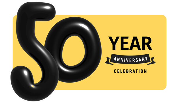 50 Year Anniversary Celebration Banner With Glossy Black Balloon Numbers And Yellow Background. Perfect For Milestone Events And Parties. Vector Illustration - Powered by Adobe