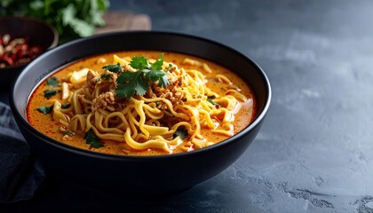 Spicy Curry Noodles in a Black Bowl &ndash; Asian Comfort Food with Rich Broth and Herbs

