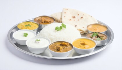 Traditional Indian Thali with Variety of Curries and Flatbread

