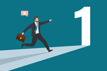 Motivated man running and found number one. Ambitious businessman sees illuminated door. Reward, first place, career ladder to success. Opportunity, new goals for development