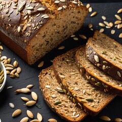 In the photograph, you can see a crunchy whole-grain bread, rich with a variety of seeds enticingly emerging from its interior. Its appetizing appearance promises a delicious and healthy meal .